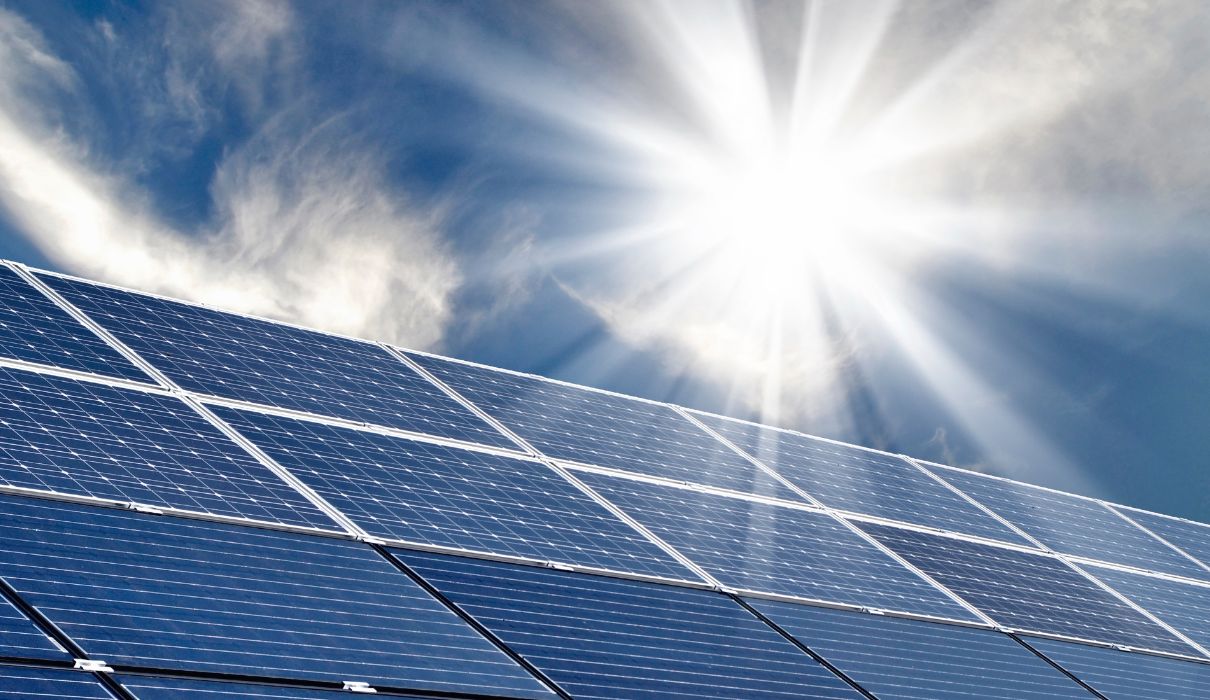 Angled solar panels catching sunlight